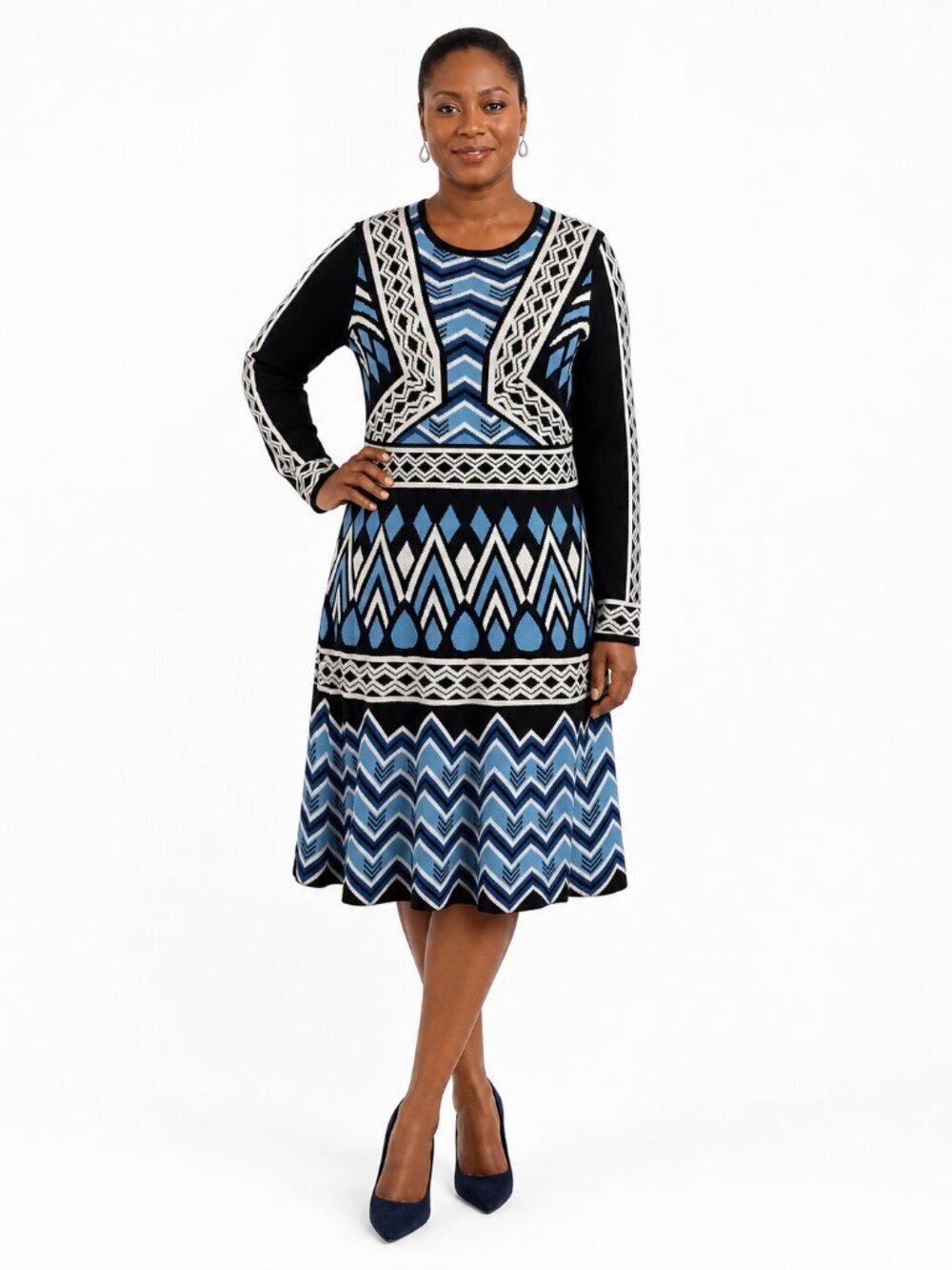 Eliza J Jacquard Fit & Flare Sweater Dress Size L Blue Geo Print